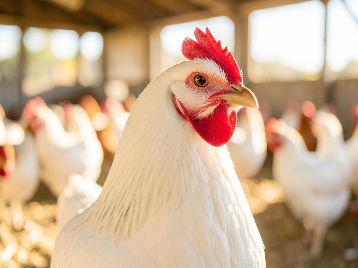 Healthy white hen at Green Valley Poultry Farm
